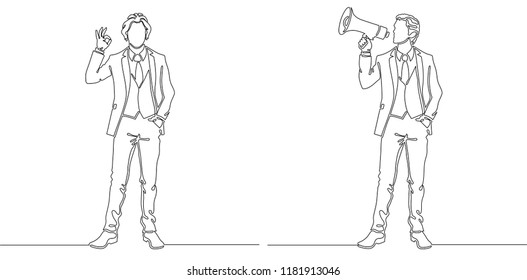 Office People Concept. Business Man Showing Ok Hand Sign And Announcing With Loudspeaker. Continuous Line Drawing. One Line Drawing. Vector Illustration. 