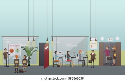 Office people concept vector illustration in flat style. Man making presentation of business plan, manager, office workers at workplace and in elevator.