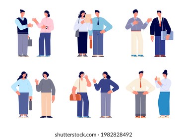 Office people conversation. Meeting characters, business persons talk each other. Formal man woman, cartoon diverse workers utter vector set