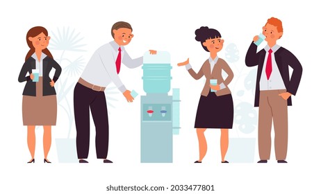 Office people conversation. Water drink on work, flat corporate cooler. Talk break characters, managers gossip and drinking decent vector concept