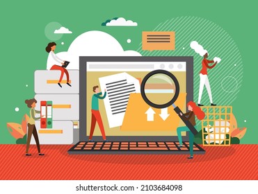 Office People Creating Folders, Saving Office Electronic Documents, Flat Vector Illustration. Digital File Management.