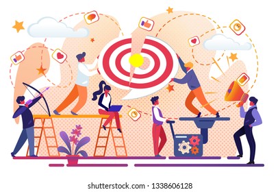 Office People Creative Team Working for Business Success. Men Assemble Giant Target of Puzzle Pieces with Light Bulb in Center, Girl Work at Laptop, Archer, Megaphon. Cartoon Flat Vector Illustration.