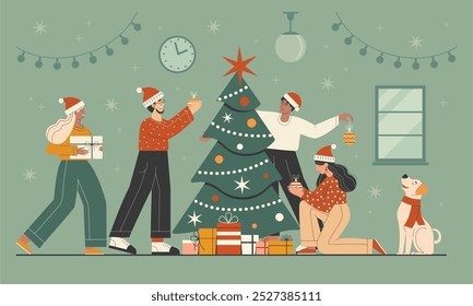 Office people decorating Christmas tree and wrapping gifts together. Friends or colleagues men and women with happy dog preparing for New Year hanging Xmas glass balls and wrapping gift boxes.