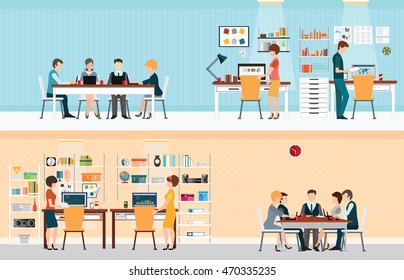 Office people with office desk and Business meeting or teamwork, brainstorming in flat style vector illustration.