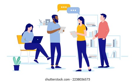 Office people discussion - Group of vector characters talking and having conversation at work with speech bubbles. Flat design illustration with white background