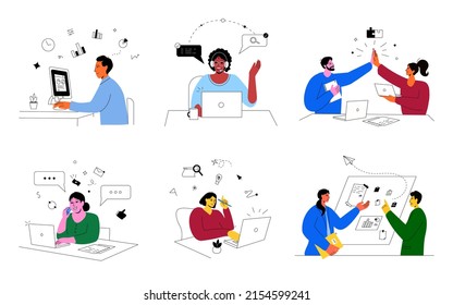 Büroangestellte, Fernstudium, Online-Bildung, Fernarbeit. Afrikanische Frau, Zoom Meeting Laptop. Kollegen lösen Problem, geben Sie fünf. Geschäftsfrau, Mann, weißes Brett, Notizen. Vektorgrafik