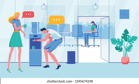 Office with People Doing Various Tasks Flat Cartoon Vector Illustration. Man Pouring Water into Mug from Cooler. Conversation with Worker. Woman Sitting at Conference at Table. Characters.