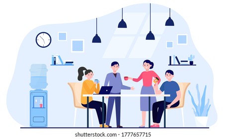 Office people drinking coffee during lunch break. Employees meeting and talking in company kitchen. Vector illustration for work break, teamwork concept