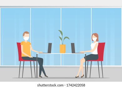 Office people in face masks working on laptops in office. Vector illustration.