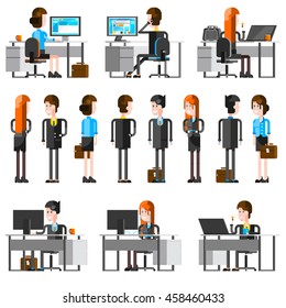 Office people flat cartoon icons set of young employees working at desk with pc monitor and talking to business partners isolated vector illustration