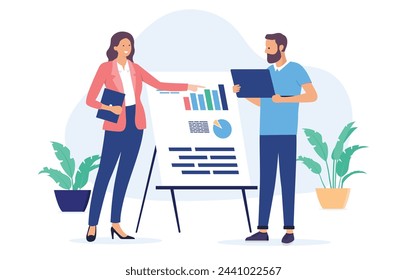 Office people with flip over - Businesswoman and man working and looking at presentation with diagram and charts, discussing business and company result together. Flat design vector illustration