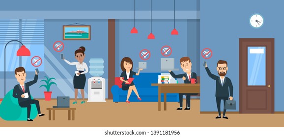 office people with gadgets lost wi-fi signal connection