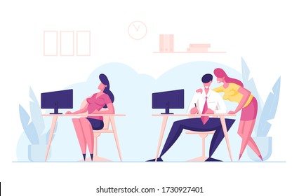 Office People Gossip and Discussing Female Colleague Sitting nearby on Desk with Computer. Man and Woman Business Characters Viciously Smiling and Giggle, Human Envy. Cartoon Vector Illustration