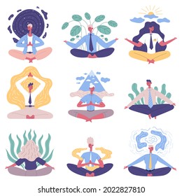 Office people group meditation yoga lotus posture. Meditation relaxing practicing office people vector illustration set. Business people yoga practice. Employees concentrating on body