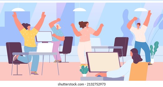 Office people happy at work. Friday, weekend time. Corporate party, woman man dancing and working. Cartoon managers celebrate, vector scene