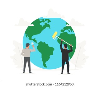 Office people helped clean up and build the green planet. World environment day. Ecology and Earth Health Day illustration.