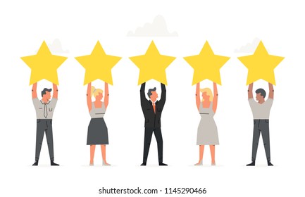 Office people holding the big Stars over their heads. Positive rating, quality work, feedback. Business illustration for presentations on white background