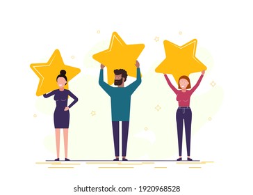 Office people holding the big Stars over their heads. Positive rating, quality work, feedback.