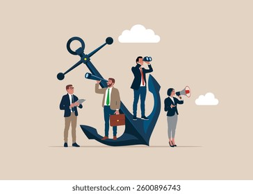 Office people holding spyglass, megaphone and binoculars. Leadership qualities in the creative team, direction on the successful path, team work on the start up. Flat vector illustration