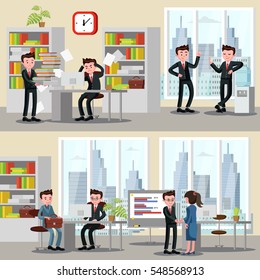 Office people horizontal banners with consultation collaboration relaxation and stress situations at work vector illustration