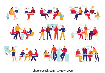 Office people icon set with situations at work meetings coffee breaks brainstorms talks and other vector illustration