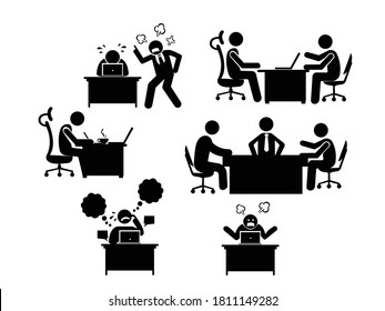 office people Icon Vector illustration. cartoon stick figure Businessman character. working man problem in the office sign, emblem isolated on white background, Flat style, silhouette. 