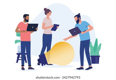 Office people with idea - Team of three creative businesspeople working on ideas with computers and big light bulb. Flat design vector illustration with white background