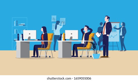 Office with people illustration - Workplace with characters, man, woman and manager running a business, agency or startup company. Vector.