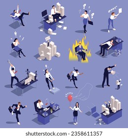 Office people isometric icons set with businessmen dealing with stress isolated vector illustration