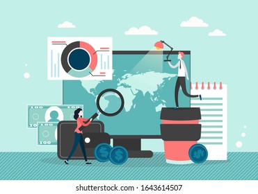 Office people with lamp and magnifying glass looking at world map on huge desktop computer screen, vector flat style design illustration. Office situations, teamwork, money making concept.