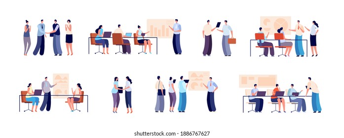 Office people learning. Company coach, training for managers or employers. Flat modern business persons, group utter education vector set