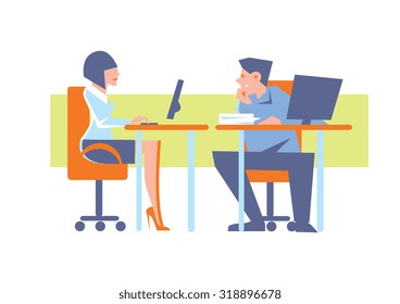 Office people and office life business concept vector illustration. Business people working in office desk. 