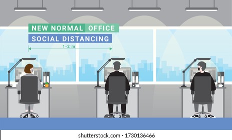 Office people lifestyle after pandemic covid-19 corona virus. New normal is social distancing and wearing masks. Back view of employees keeping distance and work. Flat design style vector concept.