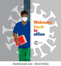 Office people lifestyle during pandemic covid-19 corona virus. New normal is wearing masks. Back to office, african man employee opens the office door, virus symbol, sign around. Flat vector concept