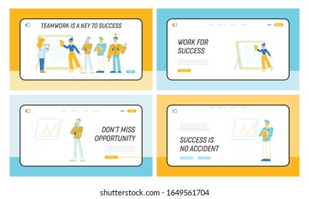 Conjunto de páginas de inicio de sitio web de los administradores de Office People Trabajando juntos. Personajes Hombres y Mujeres Trabajan, Piensan, Desarrollan La Estrategia de la Empresa Sitio Web Banner. Ilustración de vectores planos de caricatura, arte de línea