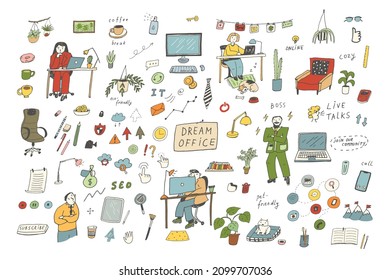 Office people and objects equipment vector illustrations set