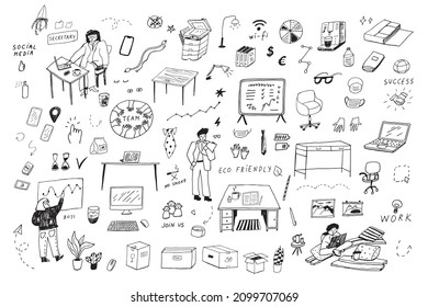 Office people and objects equipment vector illustrations line set