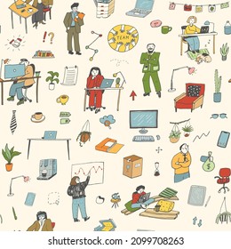 Office people and objects equipment vector illustrations seamless pattern