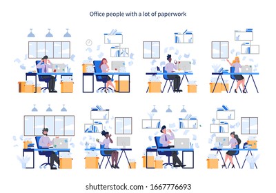 Office people with a lot of paperwork set. Deadline and busy lifestyle concept. Idea of many work and few time. Employee stressing in office. Business problems. Flat vector illustration