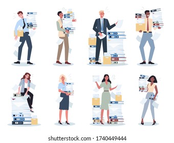 Office people with a lot of paperwork set. Deadline and busy lifestyle concept. Idea of many work and few time. Employee stressing in office. Business problems. Flat vector illustration