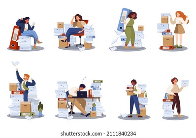 Office people with a lot of paperwork set. Deadline and busy lifestyle concept. Idea of many work and few time. Employee stressing in office. Business problems. Flat vector illustration