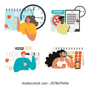 Office people planning schedule, timetable, marking checklist, vector isolated illustration. Efficient time management.