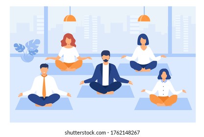 Office people practicing yoga and meditation. Managers exercising and meditating in lotus pose during work break. Can be used for mindfulness, business and relaxing concept