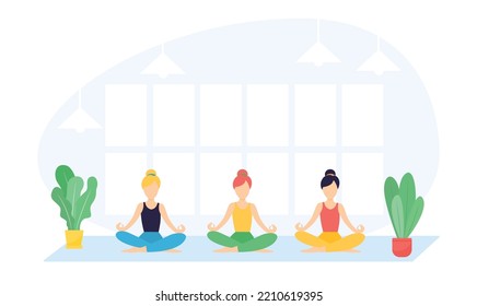 Office people practicing yoga and meditation. Managers exercising and meditating in lotus pose during work break. Can be used for mindfulness, business and relaxing concept