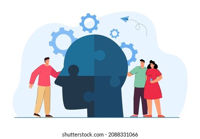 Office people putting pieces of jigsaw of head puzzle together. Symbol of psychological help or personality, partnership flat vector illustration. Mental health, support, leadership concept for banner