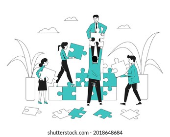 Office people with puzzle. Communications team, collaborate abstract technology. Teamwork or management business strategy recent vector concept on white
