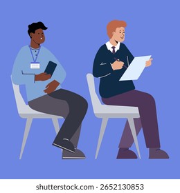 Office people reading documents vector set illustration.