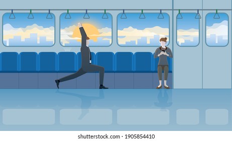 Office people relaxation after work. Yoga posture businessman does yoga pose balance in train public transportation. Get attention from a passenger. Relieve stress, body stretching, calm, and peace.