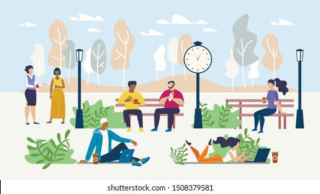 Office People Rest during Coffee Break in Park. Freelancers Working Online on Laptop in Public Place. Multiracial Men and Women Having Lunch, Informal Meeting. Coworkers Chatting. Vector Illustration