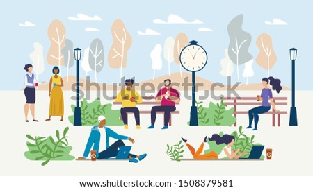 Office People Rest during Coffee Break in Park. Freelancers Working Online on Laptop in Public Place. Multiracial Men and Women Having Lunch, Informal Meeting. Coworkers Chatting. Vector Illustration